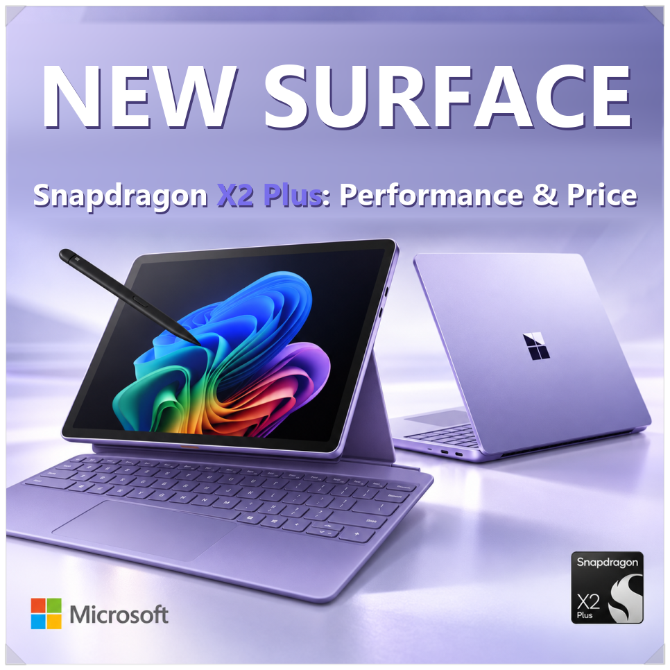 Surface Pro 12-inch with keyboard and pen next to a Surface Laptop 13-inch in violet