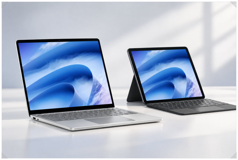 Surface Laptop 13-inch beside Surface Pro 12-inch with keyboard
