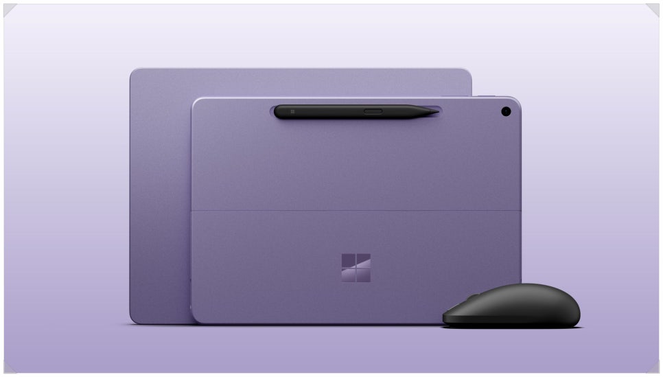 Back of violet Surface Pro 12-inch with Slim Pen and a Surface Mouse