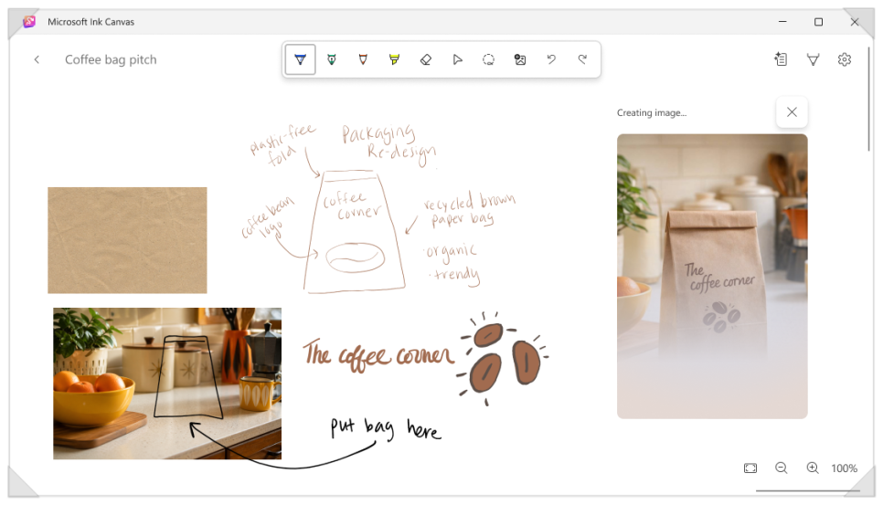 Microsoft Ink Canvas app with handwritten packaging sketch and AI-generated image