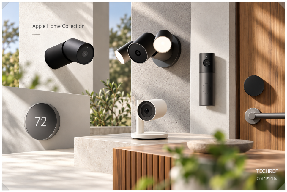 Apple Home Collection cameras, doorbell, lock and thermostat installed around a home entrance